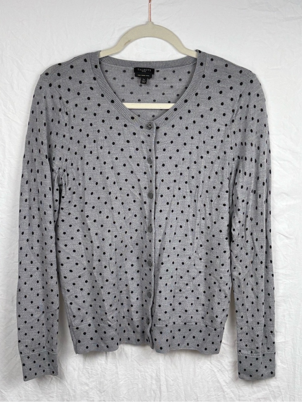 Talbots women’s Large petite Gray Cardigan with Black Polka Dots